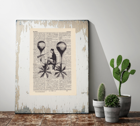 Balloon Rider - Print on antique book page