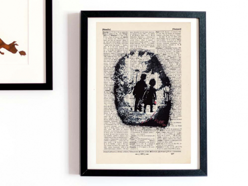 Bustart - Girl and Boy - Print on antique book page