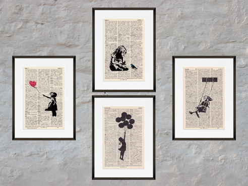 BANKSYs Girls and Hope - Prints on antique book pages - Set of 4