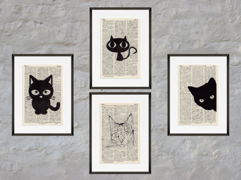 4er Set Katzen - Drucke auf antiquarische Buchseiten